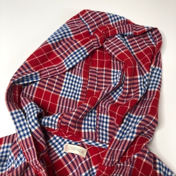 NEVADA Red White & Navy Plaid Button-up Flannel Lumberjack Pocket Hoodie Shirt - Picture 4 of 11